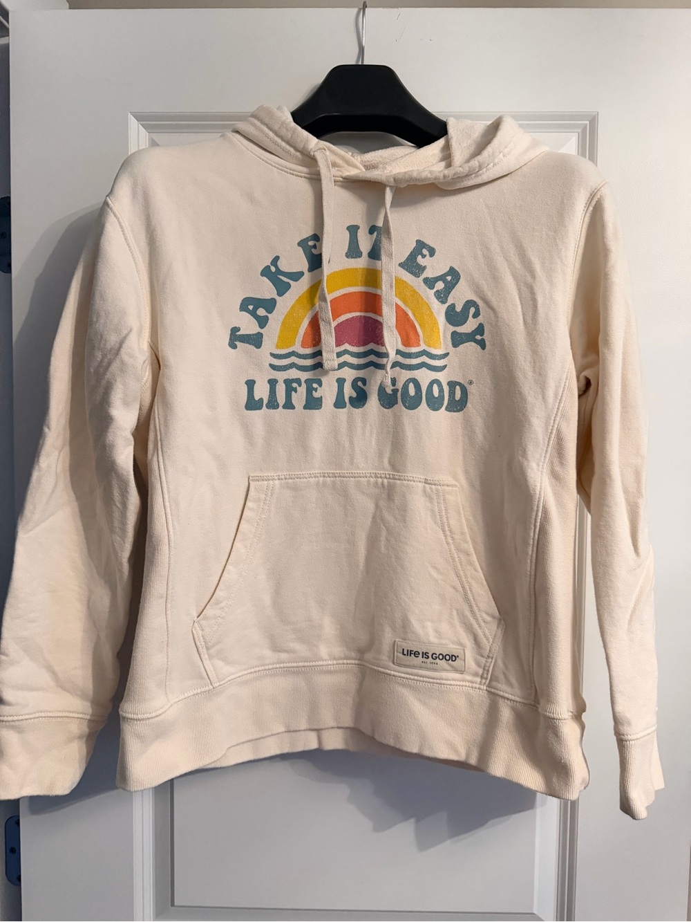 Life Is Good Cream Pullover Hoodie with Retro Multicolor Sun Graphic